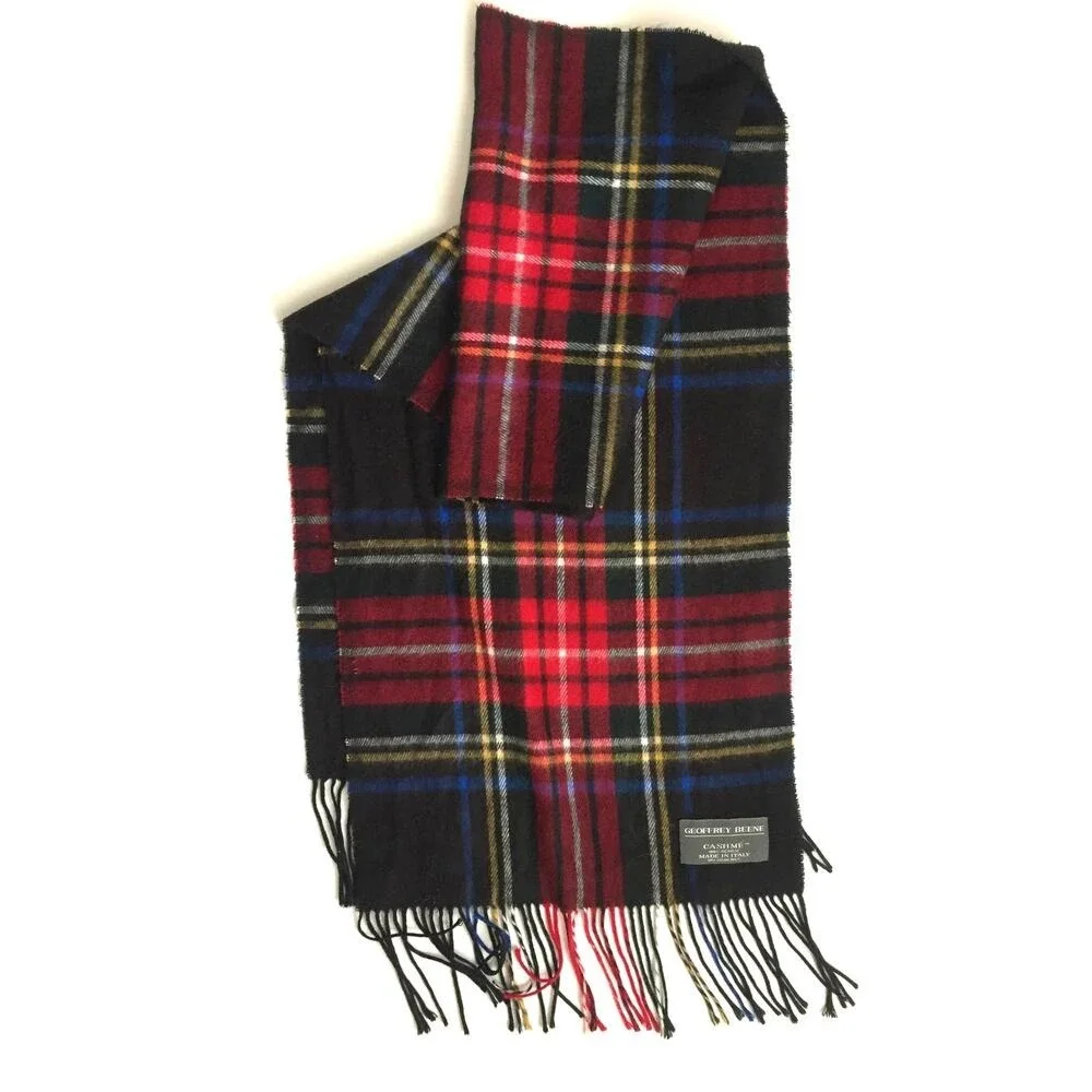 Geoffrey Beene Mens Plaid‎ Scarf Red Black Cashme Acrylic Made in Italy Fringe